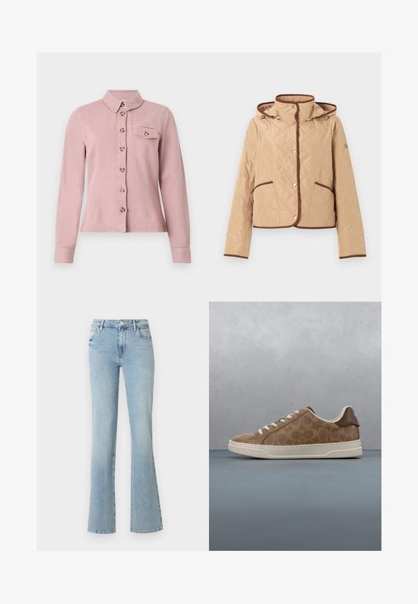 Veste matelassée beige avec bordure marron, fermeture à boutons-pression, deux poches avant, manches longues et capuche attachée.; Chemise rose clair à manches longues avec des boutons marron sur le devant, rabat de poche poitrine boutonné et petit col sur fond blanc.; Jean bleu clair taille haute avec bouton et fermeture éclair à l'avant, deux poches avant et jambes droites légèrement évasées sur fond blanc.; Baskets marron à motif avec lacets blancs flottant au-dessus d'un bloc en bois et d'un sol de cailloux, avec un feuillage vert et un mur en béton en arrière-plan.