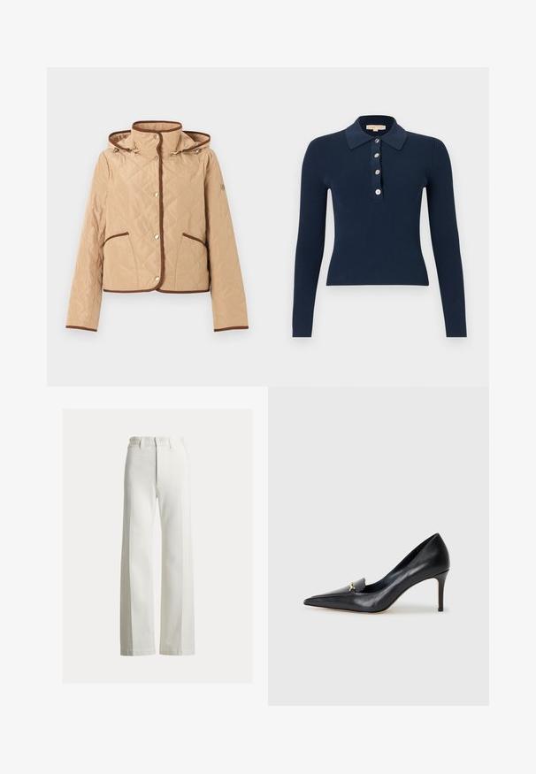 Veste matelassée beige avec bordure marron, fermeture à boutons-pression, deux poches avant, manches longues et capuche attachée.; Polo bleu marine à manches longues côtelées avec quatre boutons sur le devant et un col classique, coupe slim.; Pantalon à jambes larges et taille haute en denim blanc. Il présente un devant épuré avec une fermeture boutonnée cachée et des coutures discrètes pour la structure.; Escarpin en cuir noir avec un bout pointu, un décolleté bas et un ornement doré décoratif. Doté d'un talon aiguille et d'une texture lisse.
