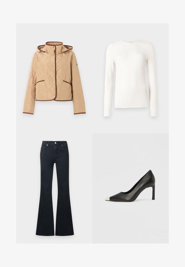 Veste matelassée beige avec bordure marron, fermeture à boutons-pression, deux poches avant, manches longues et capuche attachée.; Top blanc à manches longues en tissu côtelé. Il présente un col rond et une silhouette ajustée, avec des rayures texturées courant verticalement.; Jean en denim noir évasé avec une taille haute, cinq poches et une fermeture à bouton métallique. Texture lisse et détails de couture contrastés.; Chaussure à talon haut en cuir noir avec bout pointu et capuchon argenté métallique. Présente une finition lisse et un talon fin de 10 cm.