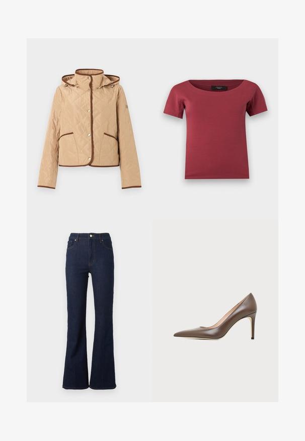 Veste matelassée beige avec bordure marron, fermeture à boutons-pression, deux poches avant, manches longues et capuche attachée.; Haut pour femmes à manches courtes, de couleur rose foncé, avec un large décolleté en arrondi et une coupe ajustée, posé à plat sur un fond blanc.; Jean en denim bleu foncé taille haute avec passants pour ceinture, bouton sur le devant, fermeture éclair, poches avant et arrière, et jambes légèrement évasées.; Chaussure à talon haut en cuir marron à bout pointu avec un talon aiguille fin et une finition lisse sur un fond clair.