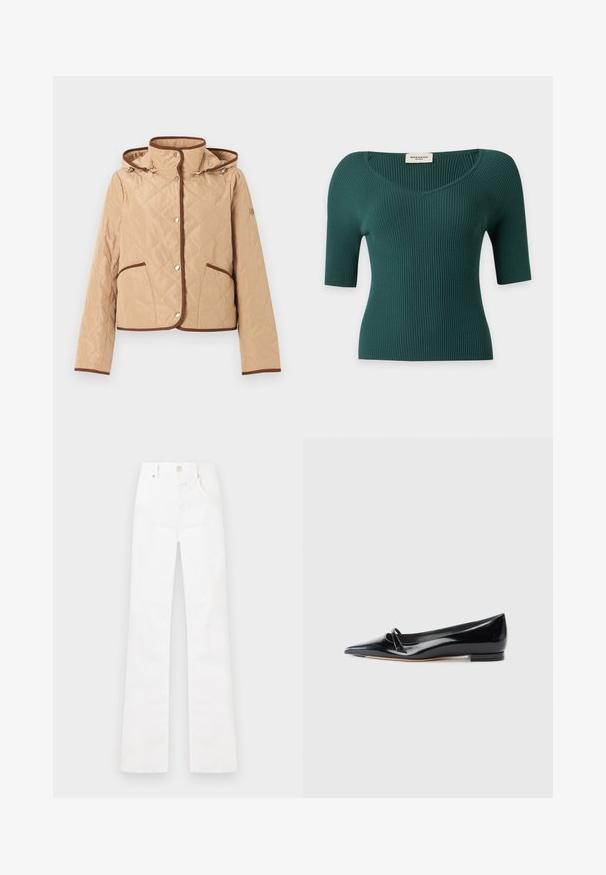 Veste matelassée beige avec bordure marron, fermeture à boutons-pression, deux poches avant, manches longues et capuche attachée.; Haut en maille côtelée vert foncé à manches courtes, col en V et silhouette ajustée, posé à plat sur un fond neutre.; Jean blanc taille haute à jambe droite avec fermeture à boutons et zip à l'avant, poches latérales, et passants pour ceinture, présenté à plat sur un fond blanc.; Chaussure plate en cuir verni noir avec un bout pointu, une petite lanière décorative et un petit talon carré. Texture lisse et design épuré.