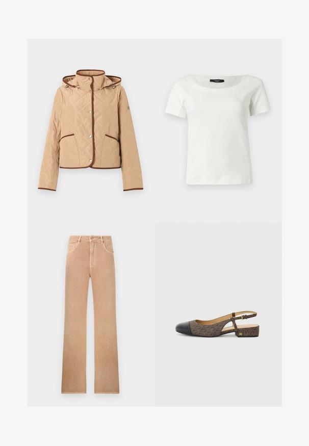 Beige doorgestikte jas met bruine bies, drukknoopsluiting, twee voorzakken, lange mouwen en een capuchon.; Witte katoenen dames top met korte mouwen en een brede ronde halslijn op een effen lichte achtergrond.; High-waist rechte jeans in lichtbruin met voorste knoop, ritssluiting, lussen voor een riem en een ontwerp met vijf zakken.; Slingback schoen met een bruine gestreepte stoffen bovenkant en een zwarte leren neus. Heeft een kleine blokhak en een gespstrap.