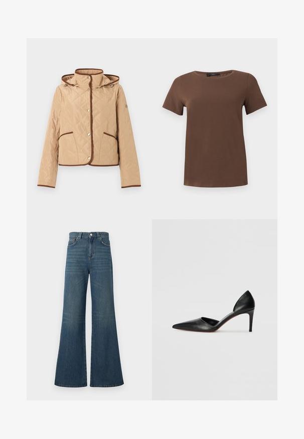 Beige quiltet jakke med brune kantdetaljer, trykknapper, to forlommer, lange ærmer og hætte.; Enkelt brun T-shirt med korte ærmer og rund halsudskæring samt lige kant, vist på en flad hvid baggrund.; Blå denimjeans med vid ben og høj talje. Indeholder fem lommer, knap- og lynlåslukning foran samt diskret falming på stoffet.; Sorte læder højhælede pumps med spidse tæer, åbne sider og en slank silhuet. Har en tynd hæl og rød sål som accent.