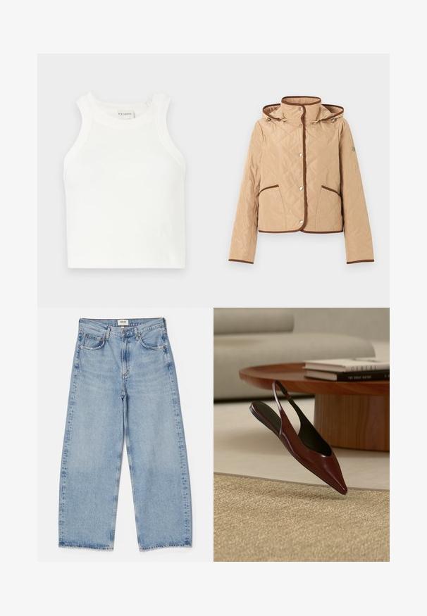 Beige quiltet jakke med brune kantdetaljer, trykknapper, to forlommer, lange ærmer og hætte.; Hvid ribbet tanktop med brede skulderstropper og en tætsiddende silhuet. Har et lille præget logo nær kanten.; Agolde Baggy jeans - light-blue denim; Mørkebrun spids slingback, flad sko svæver over et vævet beige tæppe med et rundt bord i træ og bøger i baggrunden.