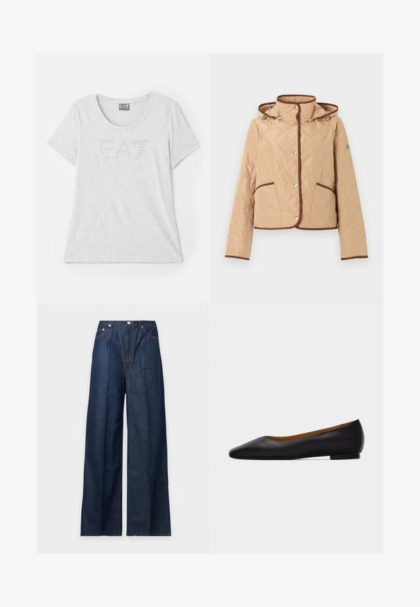 Veste matelassée beige avec bordure marron, fermeture à boutons-pression, deux poches avant, manches longues et capuche attachée.; T-shirt gris clair en tissu doux, avec un col rond et des manches courtes. L'avant présente un logo EA7 subtil en strass.; Jean en denim bleu foncé à jambes larges avec poches avant, passants de ceinture et fermeture par bouton, présenté sur un fond clair uni.; Chaussure plate en cuir noir à bout pointu avec talon bas et finition lisse, vue de côté sur un fond gris clair.