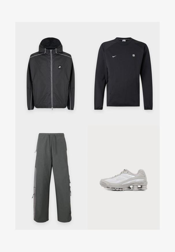 Μαύρο zip-up φούτερ με κουκούλα της Nike Air με λευκή επένδυση κατά μήκος των μανικιών, ώμων και φερμουάρ, με ελαστικά μανίκια και τελείωμα.; Μαύρο αθλητικό φούτερ Nike με μακριά μανίκια και στρογγυλή λαιμόκοψη, λευκό λογότυπο Nike swoosh στο στήθος και μικρό τετράγωνο λογότυπο στη δεξιά πλευρά.; Σκούρο γκρι παντελόνι cargo με ελαστική μέση, κορδόνι, πλαϊνές τσέπες και λεπτομέρειες από δίχτυ, με ελεύθερη, άνετη εφαρμογή.; Γκρι και άσπρο αθλητικό παπούτσι με ορατό αεριζόμενο πέλμα και πλέγμα, εμφανίζεται σε προφίλ σε απλό ανοιχτό φόντο.