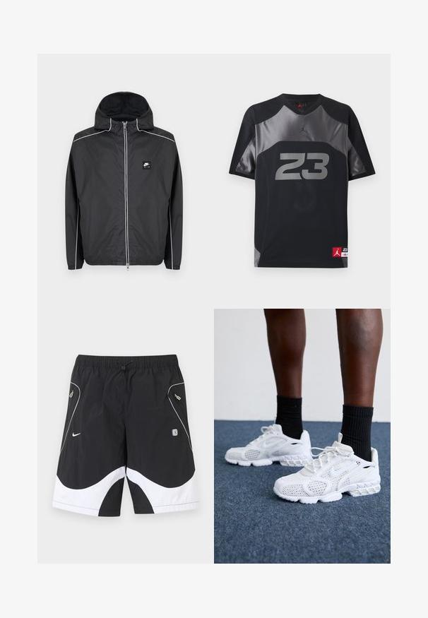 Melna Nike Air rāvējslēdzēja jaka ar kapuci, baltām līnijām gar piedurknēm, pleciem un rāvējslēdzēju, ar elastīgām aprocēm un apakšu.; Melna un pelēka īsroku sporta krekls ar numuru 23 pelēkā krāsā priekšpusē un mazu sarkanu Jumpman logotipa uzrakstu apakšējā malā.; Melni un balti Nike sporta šorti ar elastīgu vidukli, aukliņu, sānu kabatām ar rāvējslēdzēju un atstarojošiem elementiem priekšējās daļās.; Baltie sporta apavi ar sietiņu augšdaļu, rakstainiem akcentiem un mīkstu zoli. Apvienoti ar melniem ribotām potīšu zeķēm uz zilas paklāja virsmas.