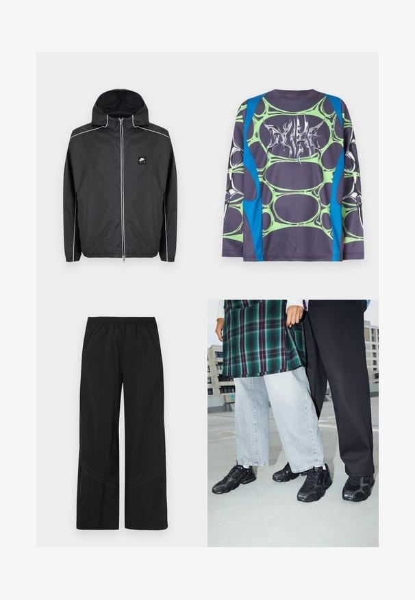 Chaqueta con capucha negra de Nike Air con cremallera, con ribetes blancos a lo largo de las mangas, hombros y cremallera, y puños y dobladillo elásticos.; Camisa de manga larga hecha de tela suave, con base gris oscuro, patrones verdes tipo burbuja y acentos azules. En el frente tiene un gráfico estilizado en blanco.; Pantalones negros de pierna ancha hechos de tela ligera con una cintura elástica y un detalle sutil de costura curva en el dobladillo.; Zapatillas deportivas negras con acentos de malla y goma. Combinadas con jeans de pierna ancha de color gris claro y una blusa de cuadros verdes. Fondo de superficie plana.