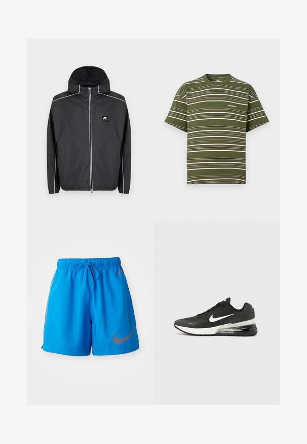Must Nike Air mustritsiga lukuga kapuutsiga jakk, millel on valged triibud varrukatel, õlgadel ja lukul, ning elastsed varrukaotsad ja alläär.; Roheline ja valge horisontaalsete triipudega lühikeste varrukatega T-särk, millel on vasakul rinnal Dickiesi logo, taust on lihtne.; Kerged sinised lühikesed püksid, mis on valmistatud kergest kangast, elastsest vööst ja paelaga. Omavad trükitud oranži Nike logo.; Must Nike Air Max 270 toss sneaker valge Swoosh-logo, valge vahetald ja nähtava õhukummikuga kand, ühetaolise taustaga.