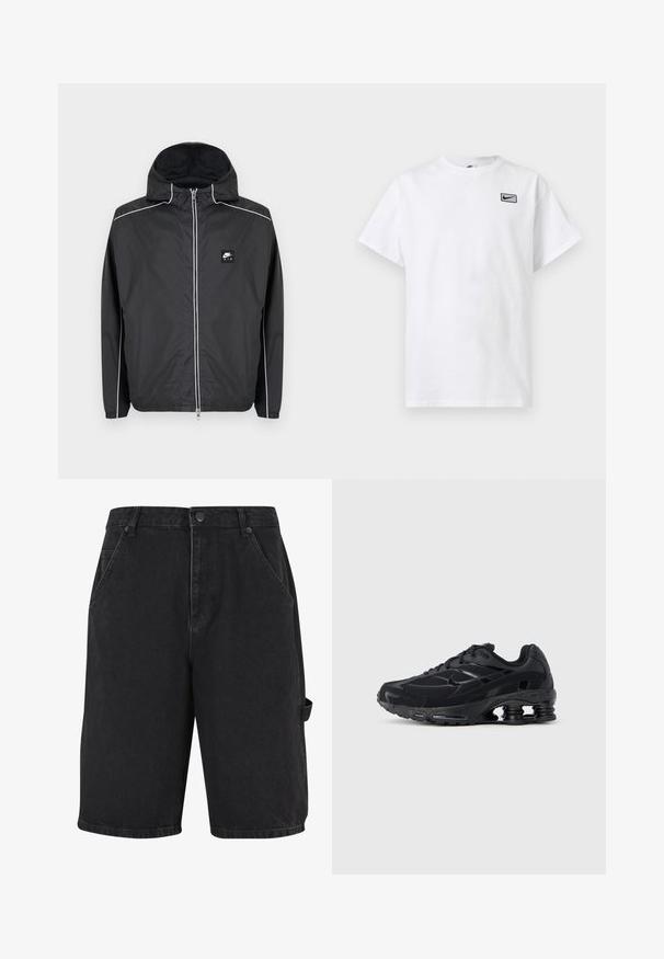 Schwarze Nike Air Zip-up Kapuzenjacke mit weißer Paspelierung an Ärmeln, Schultern und Reißverschluss, mit elastischen Bündchen und Saum.; Weißes T-Shirt mit kurzen Ärmeln und Rundhalsausschnitt, mit kleinem schwarzem Nike Swoosh-Logo in einem Rechteck auf der linken Brust.; Schwarze Denim-Shorts mit lockerer Passform, Fronttaschen und seitlicher Akzenttasche. Der Stoff hat eine subtile Textur und eine robuste Verarbeitung.; Schwarzer Sportschuh mit Obermaterial aus Mesh, gepolstertem Kragen und hervorgehobener Dämpfungstechnologie an der Ferse. Verfügt über strukturierte Akzente und Schnürsenkel.