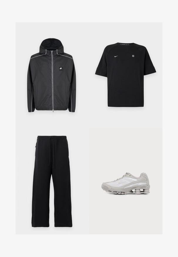 Čierna mikina Nike Air na zips s kapucňou a bielym lemovaním na rukávoch, ramenách a zipsu, vybavená elastickými manžetami a spodným lemom.; Čierne športové tričko Nike s krátkym rukávom a bielym logom swoosh na ľavej strane hrude a malým štvorcovým emblémom na pravej strane hrude, jednofarebné pozadie.; Čierne tepláky z jemného materiálu, s nastaviteľným pásom, širokým strihom a bočnými vreckami s hladkým povrchom.; Sivá a biela športová obuv s sieťovanými panelmi, šnurovacím dizajnom a jedinečnou pružinovou podrážkou pre tlmenie a podporu.