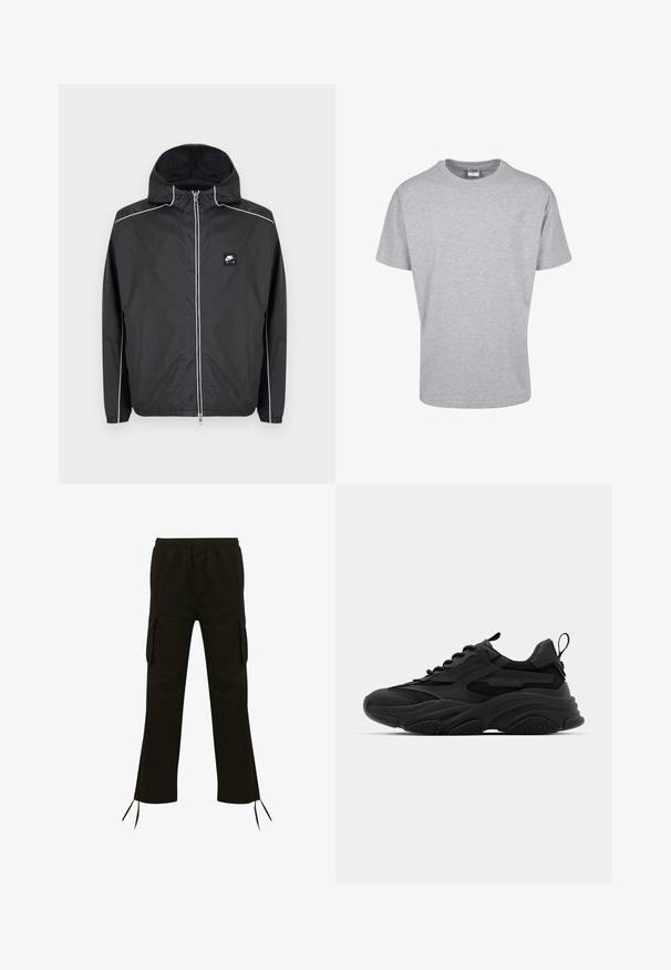 Veste à capuche zippée Nike Air noire avec passepoil blanc le long des manches, des épaules et de la fermeture éclair, dotée de poignets et d'un ourlet élastiques.; T-shirt gris à manches courtes fabriqué en tissu mélangé de coton. Il présente un col rond et une coupe décontractée sans motifs ni embellissements.; Pantalon cargo noir avec une taille élastique, des poches latérales et des cordons au bas ; fabriqué à partir d'un tissu léger avec une texture lisse.; Baskets de sport noires avec une semelle épaisse, des panneaux en mesh et des accents en caoutchouc. Elles disposent d'une sangle de traction à l'arrière et de motifs texturés.
