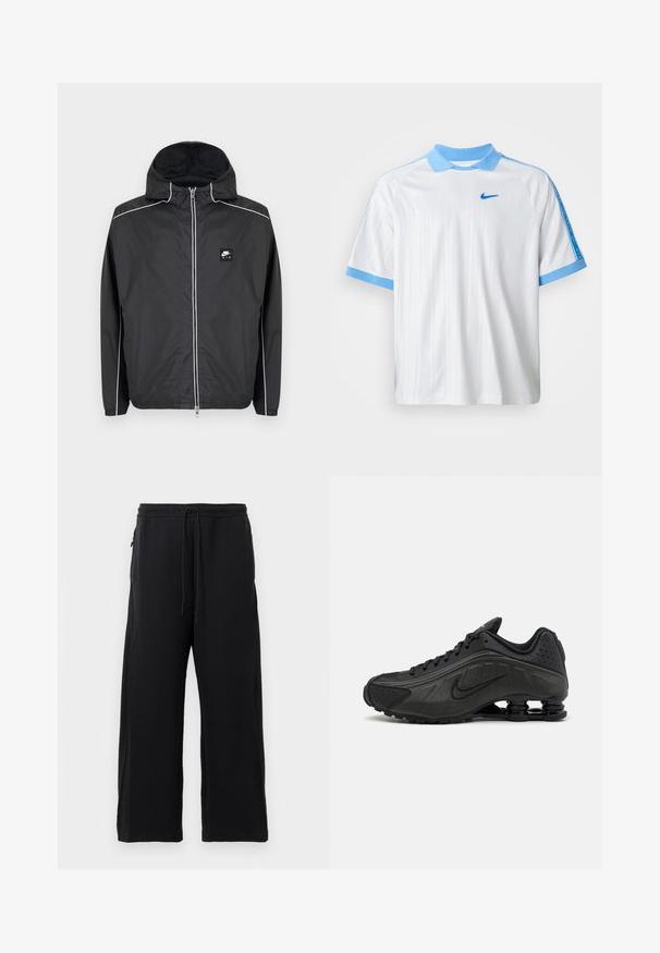Musta Nike Air -huppari vetoketjulla, valkoisilla saumoilla hihoissa, hartioissa ja vetoketjussa, joustavilla hihansuuilla ja helmalla.; Valkoinen Nike-urheilu paita, jossa on vaaleansininen kaulus, hihojen reunat ja olkasuunnitelmat, ja rintaosassa pieni sininen Nike-logomerkki.; Mustat collegehousut, jotka on valmistettu pehmeästä kankaasta. Niissä on nauhavyötärö, leveät lahkeet ja sivutaskut, joissa on sileä pinta.; Mustat juoksukengät, joissa on sileä synteettinen päällinen, rei'itetyt yksityiskohdat, teksturoidut sivupaneelit ja erottuva joustava pohja.