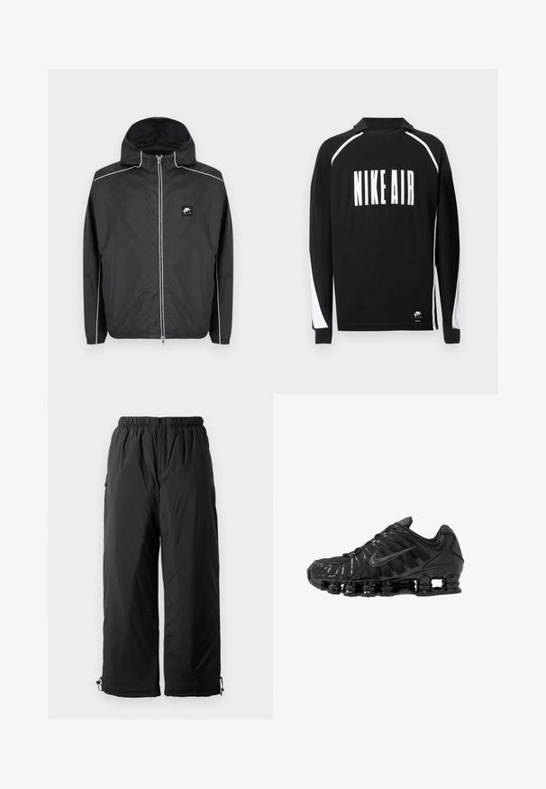 Sort Nike Air hættejakke med lynlås og hvide striber langs ærmer, skuldre og lynlås, med elastiske manchetter og kant.; Langærmet sort skjorte med hvid "NIKE AIR" skrift, kontrasterende hvide panelindlæg på ærmerne, lavet af blødt stof.; Sorte isolerede bukser med elastisk talje, der har sidelommer og justerbare mansjetter. Glat stof med en let blank overflade.; Sorte atletikskoser lavet af mesh og syntetiske materialer, med et karakteristisk bølget design, sort gummisål og reflekterende detaljer.