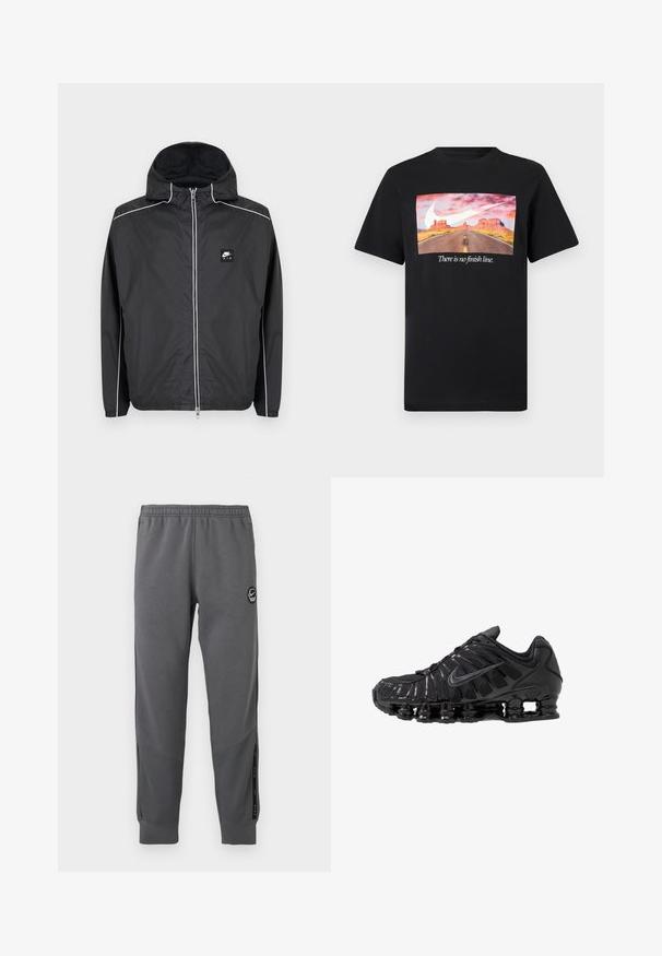 Sort Nike Air hættejakke med lynlås og hvide striber langs ærmer, skuldre og lynlås, med elastiske manchetter og kant.; Sort t-shirt med korte ærmer med print af en ørkenvej, stort hvidt Nike-swoosh og sætningen "Der er ingen målstreg."; Grå sweatpants lavet af blødt stof med elastisk talje, tætsiddende ben, sidelommer og en cirkulær logo-patch.; Sorte atletikskoser lavet af mesh og syntetiske materialer, med et karakteristisk bølget design, sort gummisål og reflekterende detaljer.