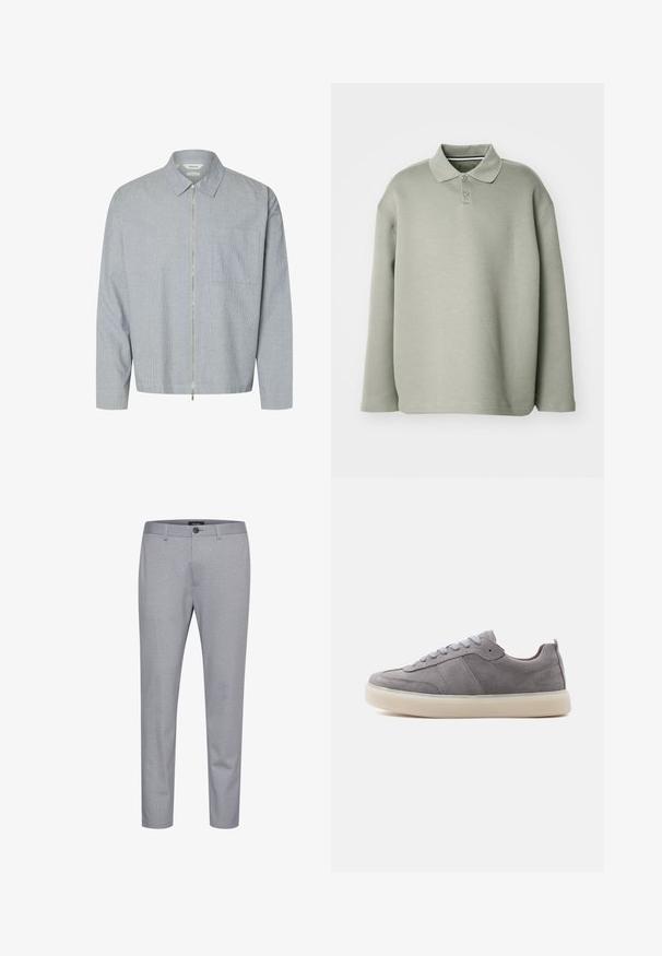 Hellgraue Jacke mit Reißverschluss, feinem kariertem Muster, spitzem Kragen und einer Brusttasche.; Grünes Langarm-Polohemd aus weichem Stoff. Besitzt einen Kragen, eine dreiknöpfige Knopfleiste und eine lockere Passform mit gerippten Bündchen.; Grau gemusterte Hose aus Stoff mit glatter Textur. Verfügt über einen Knopfverschluss und ein schmal zulaufendes Design.; Grauer Wildleder-Sneaker in Low-Top-Form mit weißer Gummisohle und grauen Schnürsenkeln, seitlich auf weißem Hintergrund dargestellt.