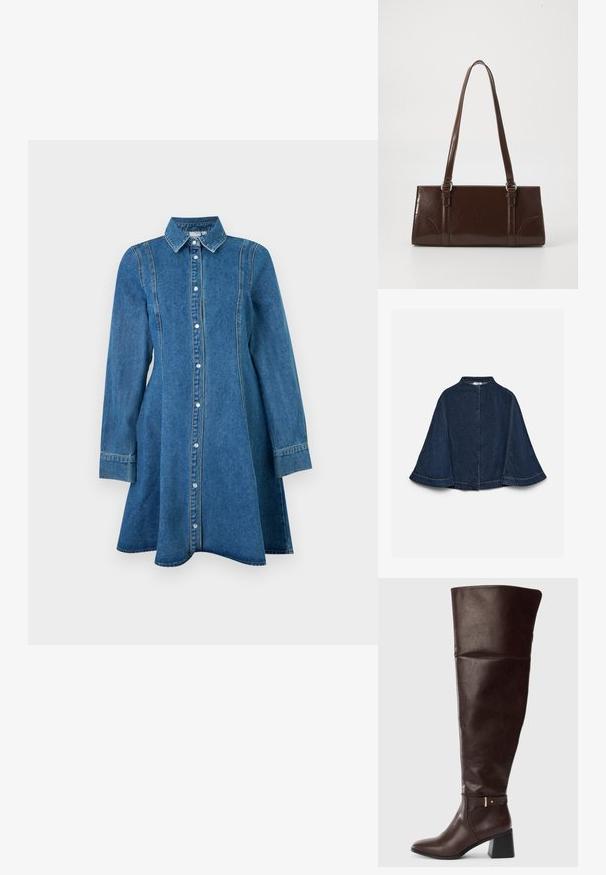 Donkerblauwe denimcape met brede mouwen, hoge halslijn en zichtbare lichte stiksels, getoond tegen een effen lichte achtergrond.; Blauwe denim jurk met lange mouwen, kraag, knoopsluiting aan de voorkant en naaddetails, licht uitlopend aan de zoom.; Donkerbruine leren kniehoogte laars met blokhak en decoratieve riemdetails aan de zijkant, getoond tegen een effen lichte achtergrond.; Bruine lakleren handtas met een rechthoekige vorm, twee lange handvatten en subtiele gebogen accenten aan de voorkant.