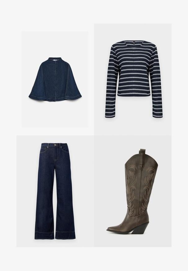 Mørkeblå denimkappe med brede ærmer, høj halsudskæring og synlige lyse syninger, vist mod en ensfarvet lys baggrund.; Langærmet marineblå og hvid mønstret sweater med vandrette zigzagstriber og rund halsudskæring på en ensfarvet baggrund.; Mørkeblå brede jeans lavet af denim. Har en knaplukning, stikninger og sidelommer. Udfoldet nederste kant.; Brune læder cowboystøvle med spids tå, kilehæl og dekorativ broderi. Har en høj stok og en trækflap.