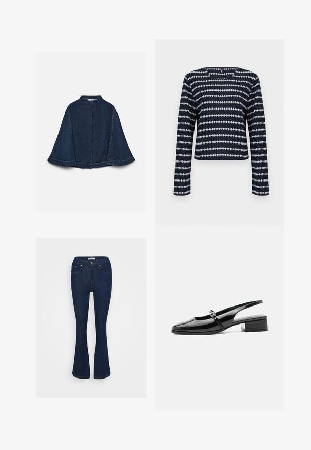 Mørkeblå denimkappe med brede ærmer, høj halsudskæring og synlige lyse syninger, vist mod en ensfarvet lys baggrund.; Langærmet marineblå og hvid mønstret sweater med vandrette zigzagstriber og rund halsudskæring på en ensfarvet baggrund.; Mørkeblå denim flared jeans med et klassisk fem-lomme design, metal knaplukning og syninger på lommerne.; Sort laklæderslingback-sko med lav blokhæl og tynd rem med sølvspænde over toppen.