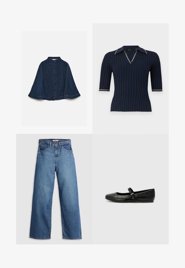 Cape en denim bleu foncé avec manches larges, col montant et coutures claires visibles, présentée sur un fond clair uni.; Haut à manches courtes en maille côtelée bleu marine avec un col en V et un col orné d’une bordure blanche sur les bords du col et des poignets.; Jean large en denim bleu à taille haute, doté de cinq poches, de coutures contrastantes et d'une fermeture éclair.; Ballerines en cuir noir avec un bout arrondi, une semelle plate et une fine sangle ajustable sur le cou-de-pied avec une boucle en métal.