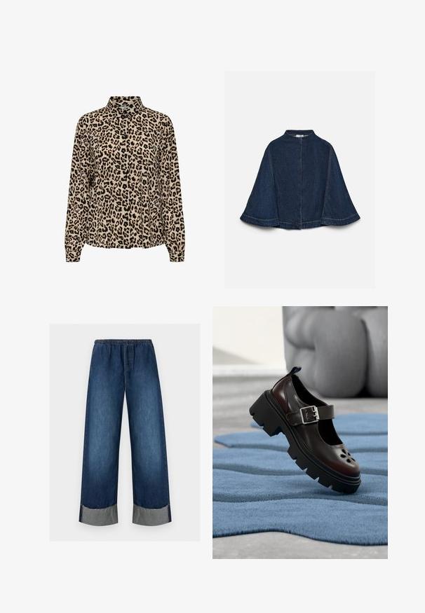 Mørkeblå denimkappe med brede ærmer, høj halsudskæring og synlige lyse syninger, vist mod en ensfarvet lys baggrund.; JDY JDYBROOKE LS NOOS - Skjortebluser - pumice stone; Vidde mørkeblå denimjeans med elastisk talje, snøre og op-rullede frynsete kanter.; Sort Mary Jane-sko med kraftig sål, sølvspænde og blomsterudskæringer, vist på en struktureret blå overflade indendørs.