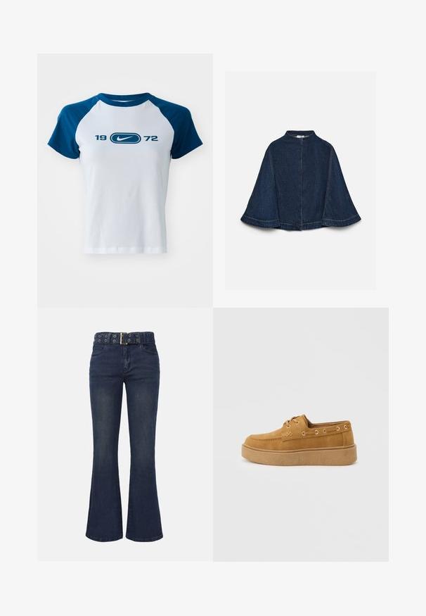 Mørkeblå denimkappe med brede ærmer, høj halsudskæring og synlige lyse syninger, vist mod en ensfarvet lys baggrund.; Hvid bomuld t-shirt med blå raglanærmer, med et centralt logo og "1972" trykt nedenunder i blå. Korte ærmer og rund halsudskæring.; Mørkeblå højttaljede vidde jeans med forlommer og et matchende bælte med metalkanter og en rektangulær spænde.; Lysebrun ruskind casual sko med snørelukning foran, mokasinstikning, metal-øjer og tyk tekstureret sål på en lys baggrund.