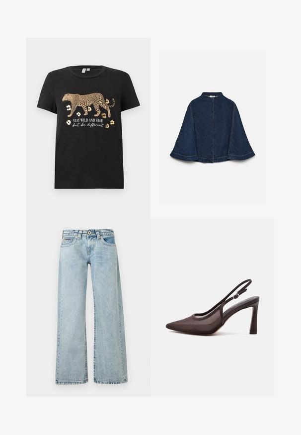 Mørkeblå denimkappe med brede ærmer, høj halsudskæring og synlige lyse syninger, vist mod en ensfarvet lys baggrund.; Sort bomulds T-shirt med leopardprint design og gyldne accenter. Har teksten "BLIV VILDE OG FRIE, men vær anderledes" under.; Lyseblå jeans med høj talje og vide ben, med knap- og lynlåslukning, for- og baglommer samt synlige syninger.; Sort højhælet slingback-sko med spids tå og justerbar spænde rem på hvid baggrund.