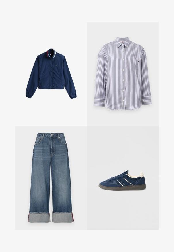 Marineblaue Windjacke mit Kragen, vorderem Knopfverschluss und elastischen Bündchen. Verfügt über mehrfarbige gestreifte Akzente am Kragen.; Blau-weiß gestreiftes Hemd mit Kragen, langen Ärmeln und einer Brusttasche mit einem kleinen Logopatch. Knöpfe auf der Vorderseite.; Weite Denim-Jeans in mittlerem Blauton mit hoher Taille, fünf Taschen, Kontrastnähten und umgeschlagenen Säumen mit roten Akzenten.; Marineblaue Sneakers aus Wildleder mit glatter Textur, weißen Streifen, einem flachen Design und einer Gummisohle.