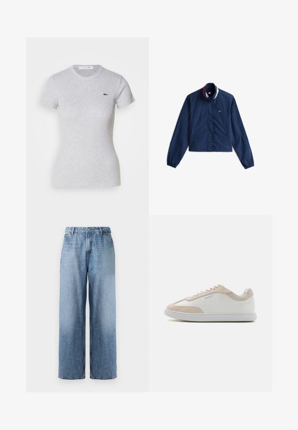 Marineblauwe windbreaker jacket met een kraag, knopen aan de voorkant en elastische manchetten. Heeft meerkleurige gestreepte accenten bij de halslijn.; Lichtgrijs aangesloten t-shirt met korte mouwen, een ronde hals en een klein groen Lacoste krokodillenlogo op de linkerborst.; Lichtblauwe denim jeans met wijde pijpen en hoge taille, met een sluiting aan de voorkant en zijzakken, weergegeven tegen een witte achtergrond.; Witte leren sneakers met beige suède accenten en witte veters. Beschikt over een ronde neus en een gevoerde zool voor comfort.