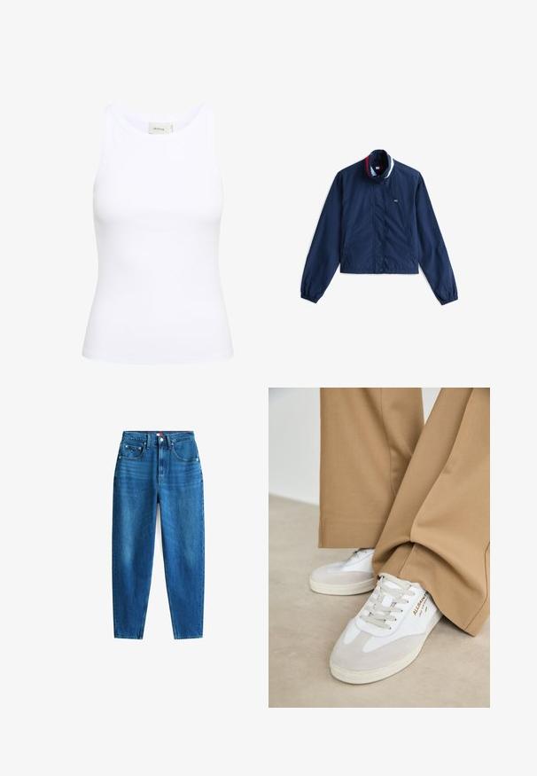 Veste coupe-vent bleu marine avec col, boutons frontaux et poignets élastiques. Présente des accents rayés multicolores au niveau du col.; Débardeur blanc côtelé avec un col rond et sans manches. Tissu extensible et design ajusté. Étiquette au dos indiquant "GESTUZ."; Jeans en denim bleu avec une coupe droite, cinq poches, une fermeture à bouton et zip, et légère décoloration pour une variation de texture.; Baskets blanches avec des accents en daim, des lacets texturés et une semelle en caoutchouc. Associées à un pantalon beige ample. Logo affiché sur le côté.