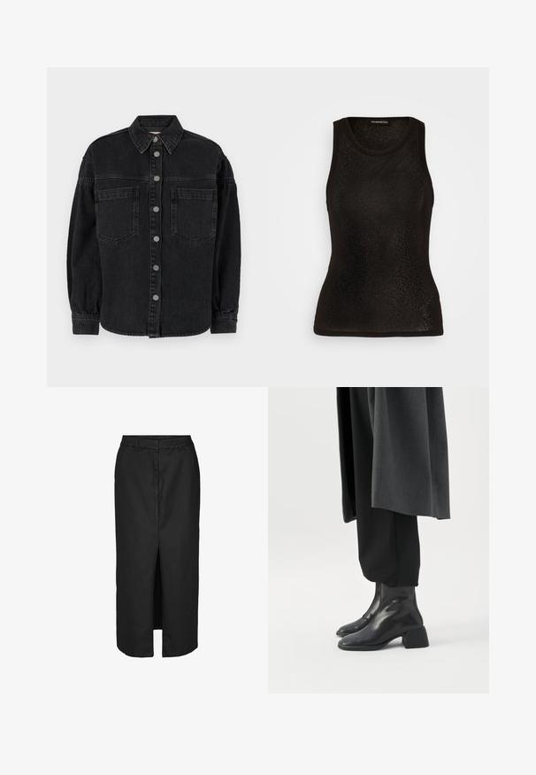 Musternahkade särk pikaaedade varrukatega, krae, kaks eesmist taskut ja nööbiga kinni. Pehme tekstuur kerge kulunud viimistlusega.; Even&Odd Topp - black; Musthave mustriba mustriba, millel on esi lõhik, on valmistatud kerge kangaga. Omab klassikalist vööd ja peeneid külge taskuid.; Mustad nahast saabastega madalate plokktaldadega, kantud mustade pükste ja tumedat halli pika mantliga.