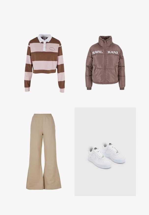 Bruine pufferjas met hoge kraag, ritsluiting, ribgebreide manchetten en witte "KARL KANI" logo op de borst en achterkant. Glad, glanzend textuur.; Bruine en roze gestreepte lange mouwen polo met een witte kraag, heeft een logo patch en een cropped ontwerp. Zachte katoenen stof.; Beige wijde broek van zacht materiaal, met een elastische tailleband en een gladde textuur, voorzien van uitlopende pijpen voor een comfortabele pasvorm.; Witte Nike Air Force 1 sneakers met een glad leren bovenwerk, geperforeerde teenbox, witte veters en zwarte branding op de tong.