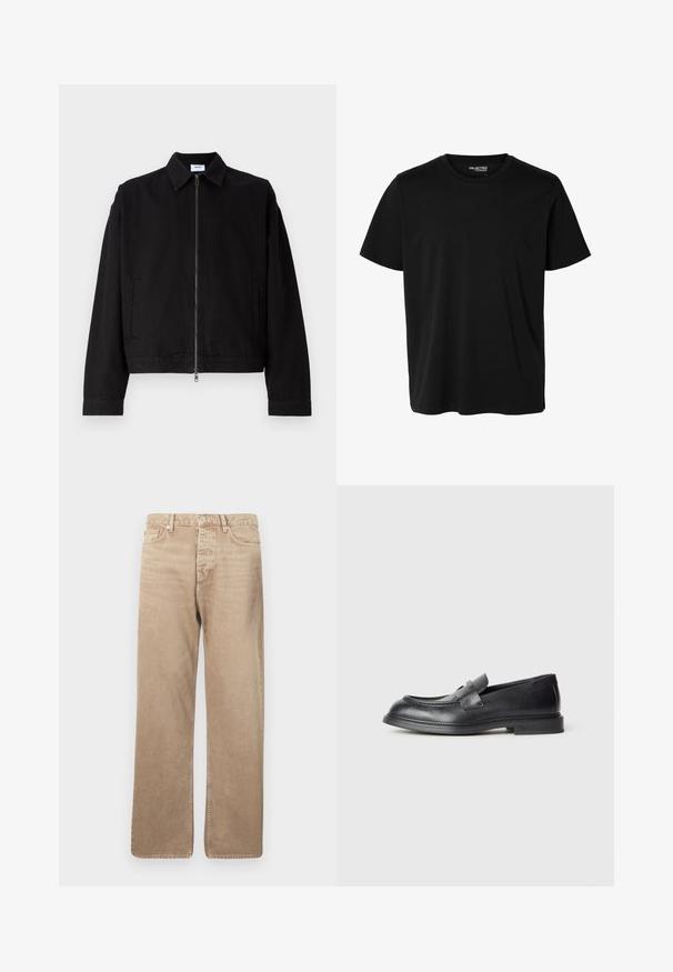 Sort cropped jakke lavet af bomuld med frontlynlås, spidse revers og sidelommer. Den har lange ærmer og en glat tekstur.; Ensfarvet sort t-shirt med korte ærmer og rund hals, herrepasform, uden synlige mønstre eller logoer foran.; Beige denimjeans med lige pasform, der har fem lommer, knaplukning og kontrasterende syninger. Glat tekstur og minimal slid.; Sorte læder loafers med en struktureret finish, der har en dekorativ frontrem og en rundet tå. Gummisål for holdbarhed.