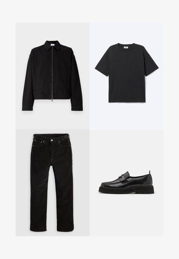 Sort cropped jakke lavet af bomuld med frontlynlås, spidse revers og sidelommer. Den har lange ærmer og en glat tekstur.; Sort T-shirt med korte ærmer og rund hals med afslappet pasform, forfra, ensfarvet design og synligt Weekday-mærke inde i kraven.; Sorte corduroy lige bukser med frontknap, lynlås, bæltestropper og fem-lomme design på en ensfarvet lys baggrund.; Sorte læder loafersko i stil med flad, tekstureret sål, med en syet tå og en rem over vristen.