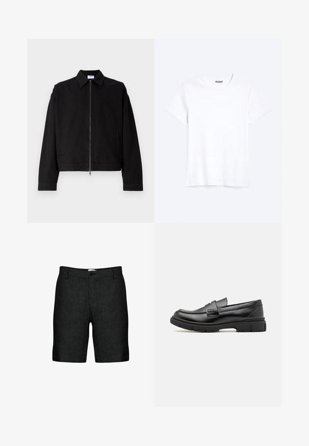 Schwarze, kurz geschnittene Jacke aus Baumwolle mit einem Frontreißverschluss, spitzem Kragen und seitlichen Taschen. Sie hat lange Ärmel und eine glatte Textur.; Schlichtes weißes T-Shirt mit kurzen Ärmeln und Rundhalsausschnitt mit gut sichtbarem WEEKDAY-Label am Kragen, dargestellt auf hellem Hintergrund.; Schwarze Leinen-Shorts mit flachem Vorderteil, Gürtelschlaufen und einem einzelnen Knopfverschluss. Sie verfügen über einen strukturierten Stoff und leicht tapered Beine.; Schwarze Lederloafer mit einem breiten Riemen über dem Rist, Gummisohle mit dicken Profilen und glatter Textur. Klassisches, schlankes Design.