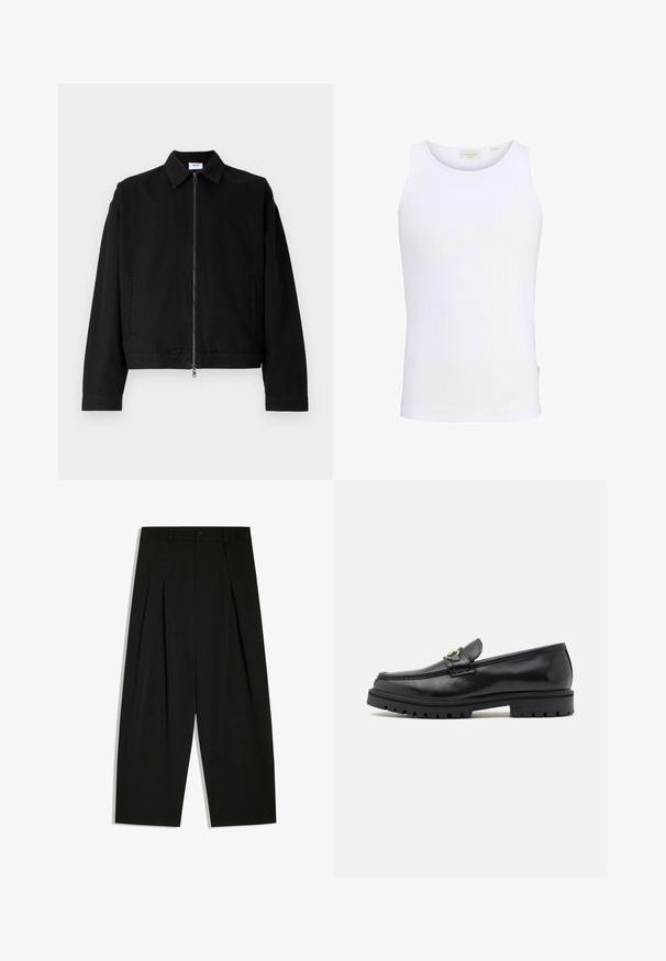Veste noire courte en coton avec une fermeture éclair à l'avant, un col pointu et des poches latérales. Elle présente des manches longues et une texture lisse.; Débardeur blanc côtelé sans manches avec encolure ronde et petite étiquette de marque à l'intérieur du col.; Pantalon noir à jambes larges avec plis, passants pour ceinture et fermeture par bouton à la taille.; Mocassins en cuir noir avec une finition lisse, bout rond, une sangle décorative avec des accessoires en or, et une semelle noire robuste.