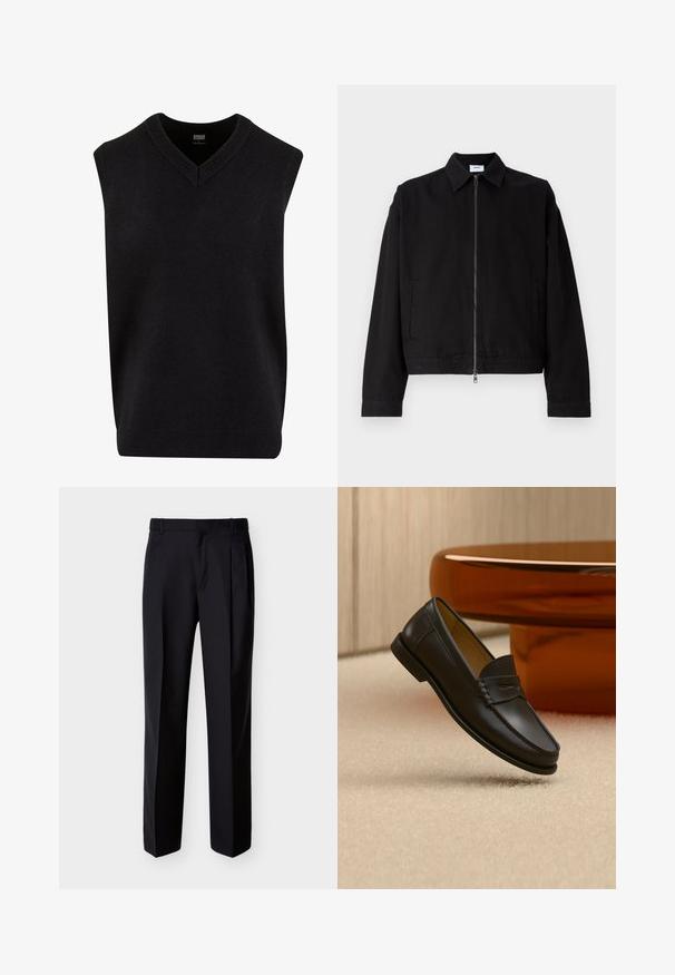Sort cropped jakke lavet af bomuld med frontlynlås, spidse revers og sidelommer. Den har lange ærmer og en glat tekstur.; Sort ærmeløs sweater med V-hals, lavet af blødt materiale, med ribbet halsudskæring og kant. Enkel, klassisk design.; Sorte skræddersyede bukser med lige snit, foldet forstykke og sidelommer. Fremstillet af et glat, let stof med et ensartet mønster.; Sort læder loafer-sko hængende over beige tæppe med ravfarvet moderne møblement i baggrunden.