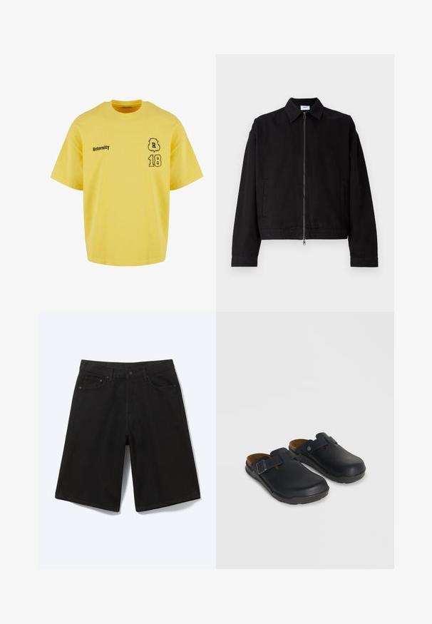 Veste noire courte en coton avec une fermeture éclair à l'avant, un col pointu et des poches latérales. Elle présente des manches longues et une texture lisse.; T-shirt en coton jaune à col rond, à manches courtes, ornée du texte imprimé en noir "Reternity" et du numéro "18" avec un accent décoratif.; Short en jean noir longueur genou avec bouton à l'avant, passants de ceinture et cinq poches, présenté sur fond blanc.; Sabots noirs à enfiler avec des brides latérales réglables à boucle et semelles intérieures en liège moulées sur un fond neutre.