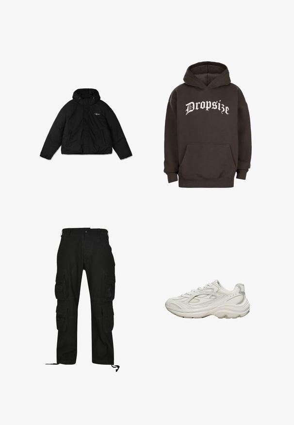 Zwarte pufferjas met een rits aan de voorkant, een verstelbare capuchon met trekkoorden en twee zijzakken. Zacht, textuurstof.; Donkerbruine hoodie met een voorste kangaroozak en witte tekst in Old English-stijl met "Dropsize" op de borst.; Zwarte cargobroek van duurzaam materiaal, met meerdere zijzakken, een relaxed fit en verstelbare enkelbanden.; Witte sneaker met een gestructureerd bovenwerk en een dikke zool. Kenmerken zijn onder andere gebogen lijnen, subtiele grijze accenten en een veterontwerp.