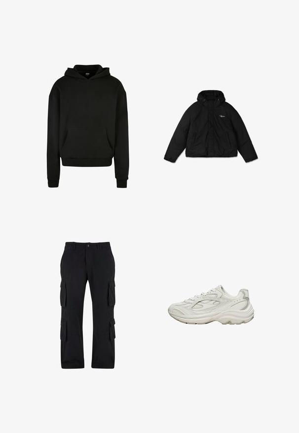 Schwarze Puffjacke mit Reißverschluss vorne, verstellbarer Kapuze mit Kordelzügen und zwei Seitentaschen. Weicher, strukturierten Stoff.; Schwarzer Kapuzenpullover aus weichem Stoff, mit einer Fronttasche, gerippten Bündchen und einem lässigen Schnitt.; Schwarze Cargo-Hosen aus Baumwollstoff mit mehreren Seitentaschen, einer lockeren Passform und einem geraden Bein-Design.; Weißer Sneaker mit strukturiertem Obermaterial und klobiger Sohle. Merkmale sind geschwungene Linien, dezente graue Akzente und ein Schnürdesign.