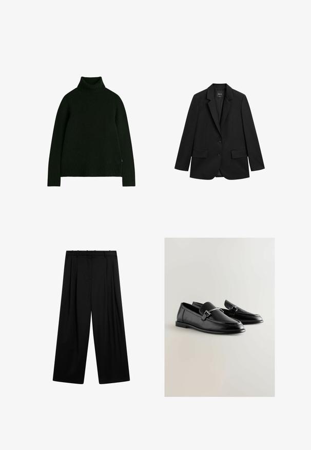 Sort enkeltknappet blazer med hakeskørt revers, to forlommer med klap og to knapper på hvid baggrund.; Sort turtleneck sweater lavet af strikket materiale, med ribbede mansjetter og kant. Enkelt design med en afslappet pasform og lange ærmer.; Sorte bukser med brede ben, forplisseringer foran, bæltestropper og en flad linning, vist mod en hvid baggrund.; Sorte læder loafers med en glat tekstur, rund tå og sølvfarvet hardware detalje på overdelen. Flade såler for komfort.