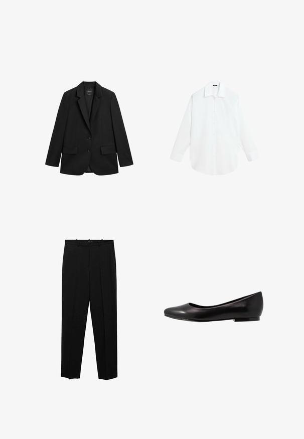 Sort enkeltknappet blazer med hakeskørt revers, to forlommer med klap og to knapper på hvid baggrund.; Hvid langærmet skjorte med knapper, klassisk krave og manchetter, vist fladt på hvid baggrund.; Sorte skræddersyede bukser med lige ben design, der har frontfolder, en glat tekstur og standard talje med bæltestropper.; Sort ballette sko lavet af glat læder med rund tå og lav, flad sål. Har en glat overflade med et enkelt og strømlinet design.