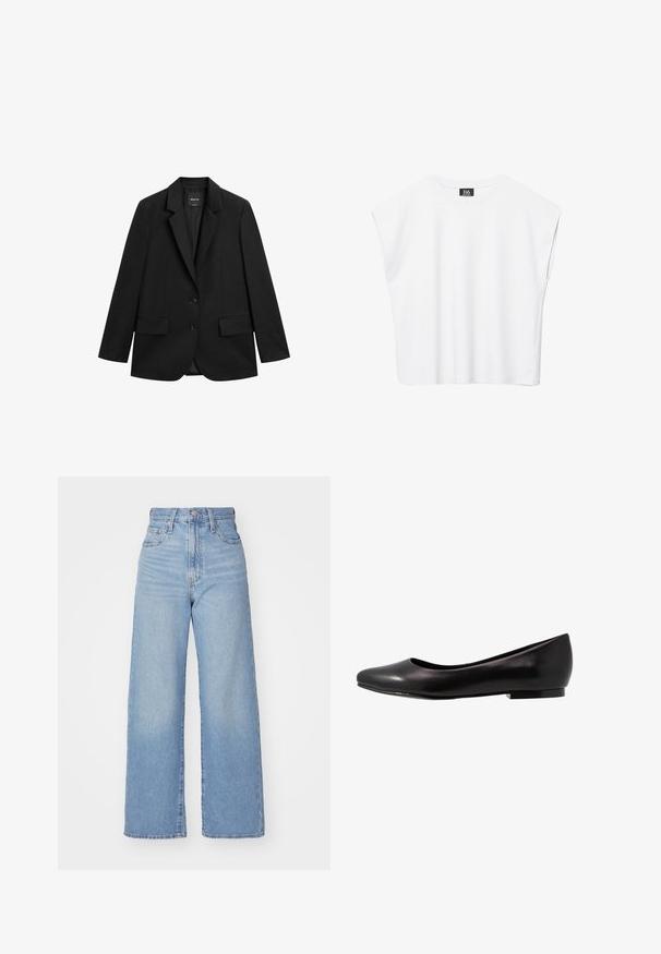 Sort enkeltknappet blazer med hakeskørt revers, to forlommer med klap og to knapper på hvid baggrund.; Hvid ærmeløs crop top med rund halsudskæring, brede skuldre og sort "B6"-label indvendigt i kraven.; Lyseblå højtaljede bukser med bred benåbning, med frontknap og lynlås, samt for- og baglommer, på en hvid baggrund.; Sort ballette sko lavet af glat læder med rund tå og lav, flad sål. Har en glat overflade med et enkelt og strømlinet design.