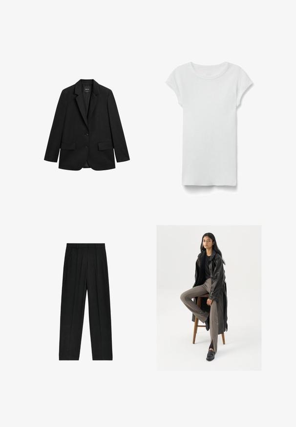 Sort enkeltknappet blazer med hakeskørt revers, to forlommer med klap og to knapper på hvid baggrund.; Hvid kortærmet ribbet T-shirt med rund hals, lagt fladt på hvid baggrund, viser forsiden og simpel afslappet stil.; Sorte, højtaljede bukser med lige ben-design, der har plisseringer og sidelommer, lavet af et letvægtsstof.; Sort læder trench coat med knapper og bælte detalje, parret med lysebrune tætsiddende bukser og sorte loafers, siddende på en træstol.