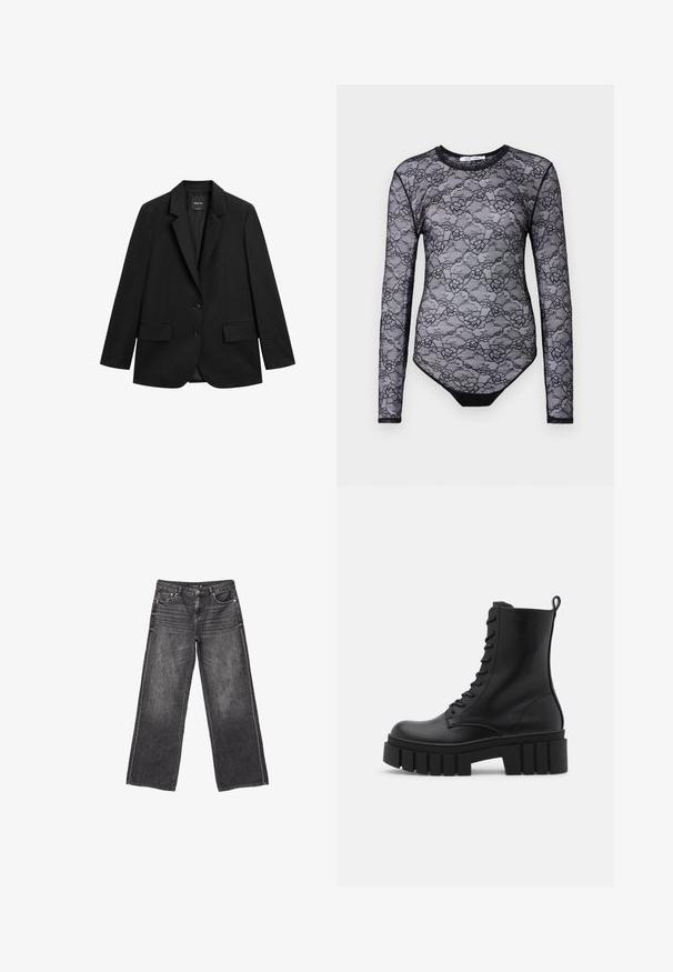 Sort enkeltknappet blazer med hakeskørt revers, to forlommer med klap og to knapper på hvid baggrund.; Sort blonde bodysuit med lange ærmer, blomstermønster, rund hals og en solid sort nederste del. Gennemsigtig tekstur og tætsiddende design.; Mørkegrå denim jeans med vid ben, front- og baglommer, knaplukning og diskrete slidte detaljer.; Sort læderankelstøvle med kraftig, rillede sål, snørebånd foran og løftestrop på glat hvid baggrund.