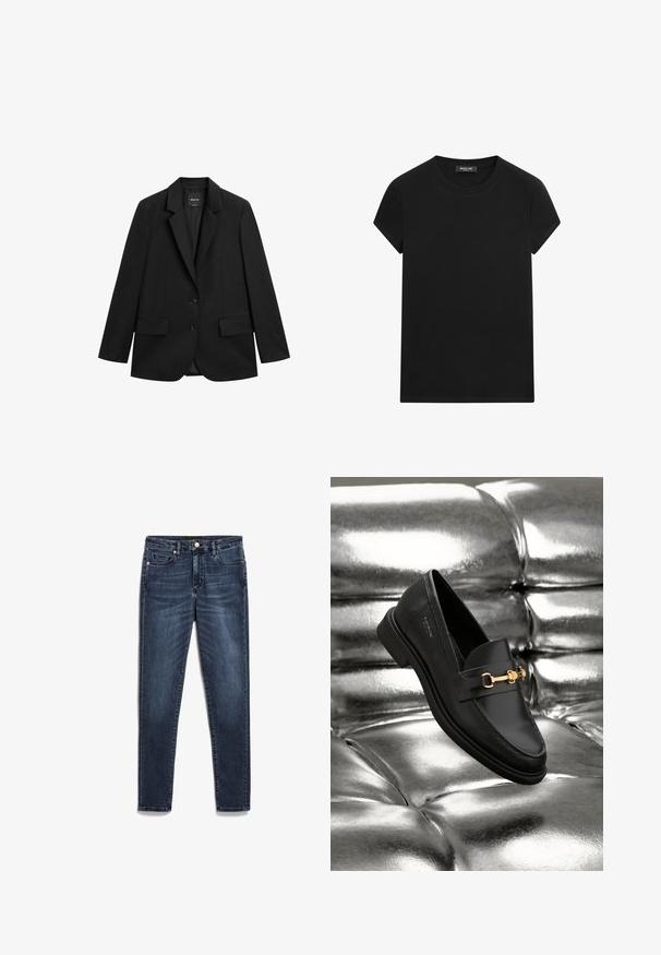 Zwarte enkelrijige blazer met inkeping revers, twee klepzakken aan de voorkant en twee knopen, op een witte achtergrond.; Zwart T-shirt met korte mouwen en ronde hals met een zichtbaar merklabel bij de hals, gecentreerd op een witte achtergrond.; Donkerblauwe denim jeans met een slim fit, voorzien van een ritssluiting, vijf zakken en subtiele vervagingen door de stof.; Zwarte leren instapper met een goudkleurig hardware-detail. De schoen heeft een strak ontwerp en een gladde, glanzende textuur.
