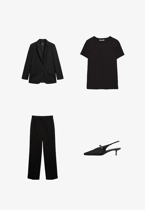 Sort enkeltknappet blazer med hakeskørt revers, to forlommer med klap og to knapper på hvid baggrund.; Sort kortærmet t-shirt i bomuld med rund halsudskæring, standard pasform og synlig indvendig halsmærkat.; Sorte bukser med lige ben, knap og lynlås, høj talje og forreste pressede folder.; Sorte slingback hæle med spidse tæer, tekstureret mesh-overdel, slank justerbar rem med sølvspænde og 5 cm stilettohæle.