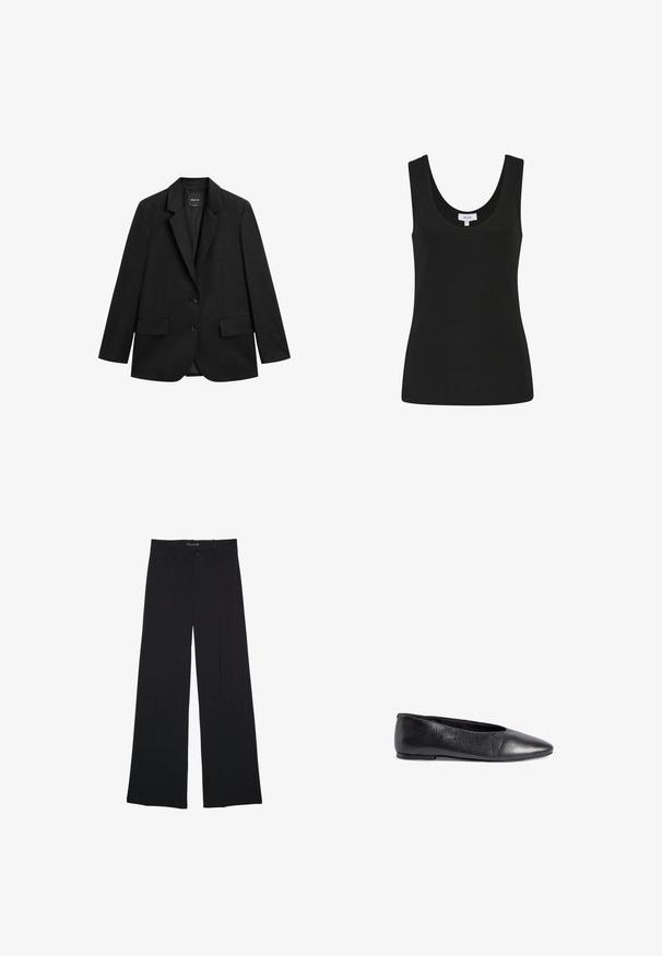Blazer noir à simple boutonnage avec revers crantés, deux poches à rabat à l'avant et deux boutons sur fond blanc.; Débardeur noir sans manches en mélange de coton lisse, avec un col rond et une coupe ajustée. Étiquette indiquant "Reiss", taille petite.; Pantalon noir à jambes larges avec passants de ceinture, bouton frontal et fermeture éclair, étalé à plat sur un fond blanc.; Ballerine plate en cuir noir avec un bout pointu, une texture lisse, un design minimaliste et un petit talon pour la stabilité.