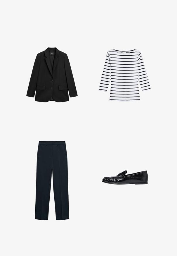 Blazer noir à simple boutonnage avec revers crantés, deux poches à rabat à l'avant et deux boutons sur fond blanc.; Marks & Spencer STRIPED SLASH NECK - T-shirt à manches longues - white mix; Pantalons bleu marine avec une coupe droite, devant plat, deux poches latérales et une texture lisse. Aucun motif ou accent visible.; Mocassin en cuir noir avec couture style mocassin et semelle plate, vu de côté droit sur fond blanc.
