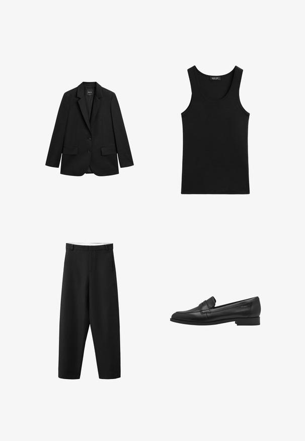 Sort enkeltknappet blazer med hakeskørt revers, to forlommer med klap og to knapper på hvid baggrund.; Sort ærmeløs tanktop med rund halsudskæring, lavet af glat stof, viser en lille mærkeetiket inde i kraven.; Sorte bukser med lige ben, bæltestropper, frontlynlås og et rent, enkelt design, der passer til både formelt og afslappet brug.; Sort læder loafersko med en glat tekstur, rund tå og en lille hævet stroppedesign. Har en lav, solid hæl.